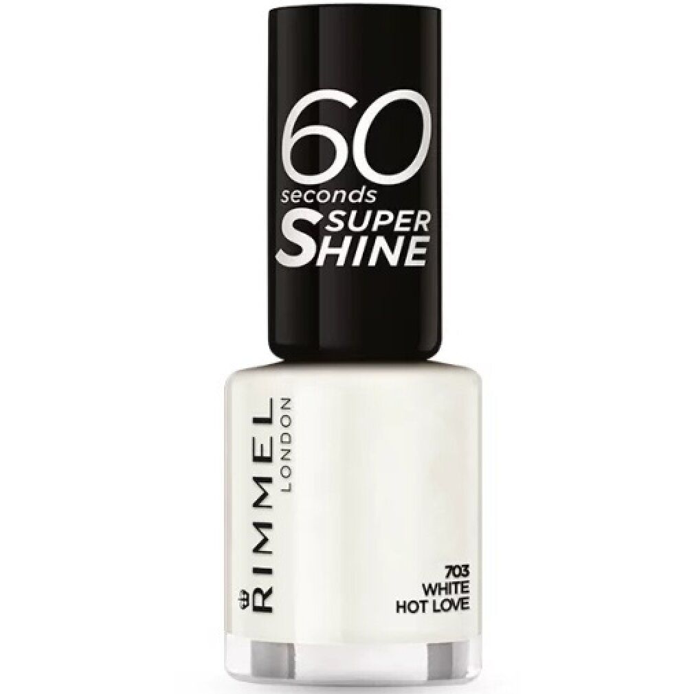Nagellackflasche, weiß. Schwarzer Deckel mit weißer Schrift: 60 seconds Super Shine. Rimmel London, 703 White Hot Love.