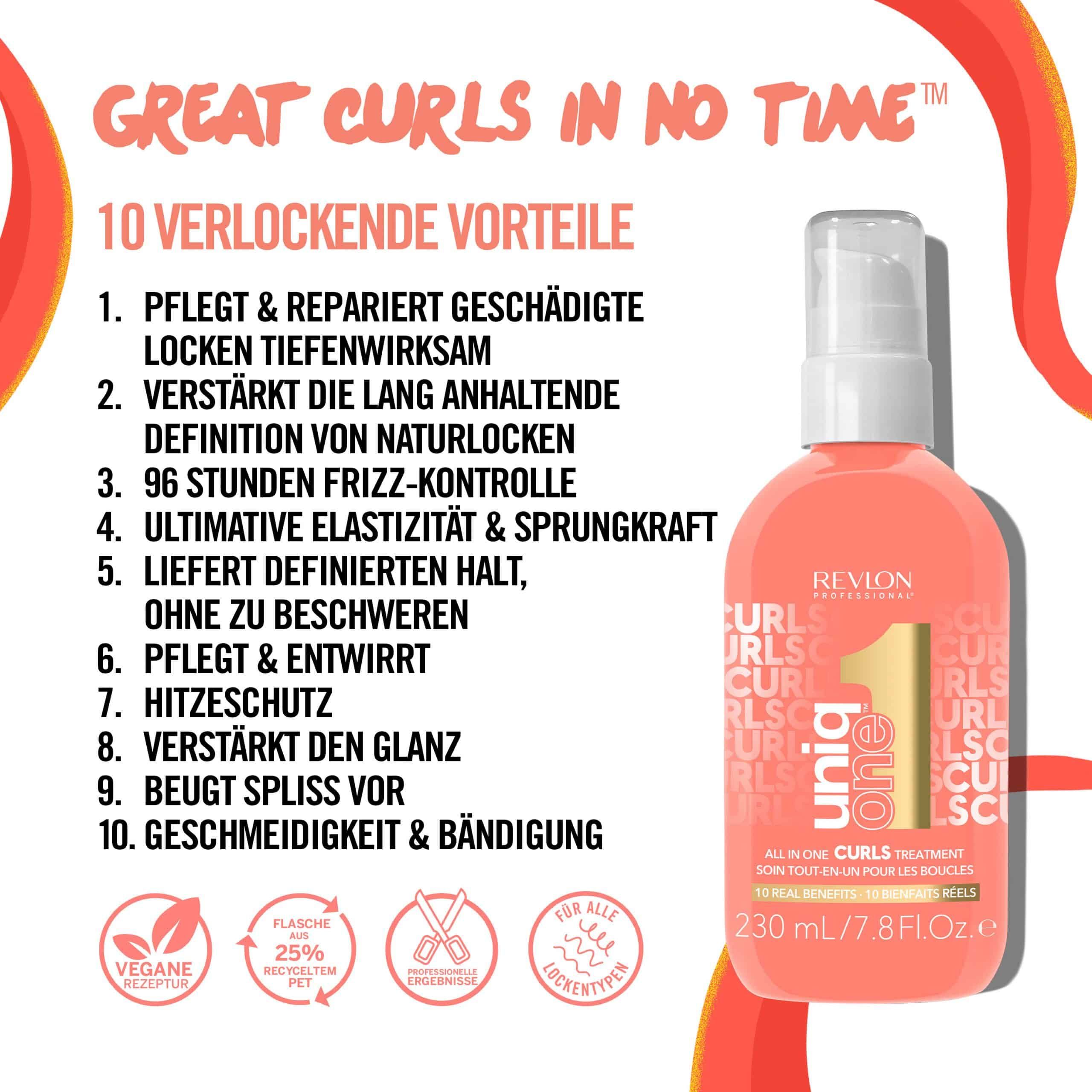 Rosa Flasche mit Sprühkopf. Text: 10 Vorteile, Revlon UniqOne Curls. Vegan, 25% recyceltes PET.