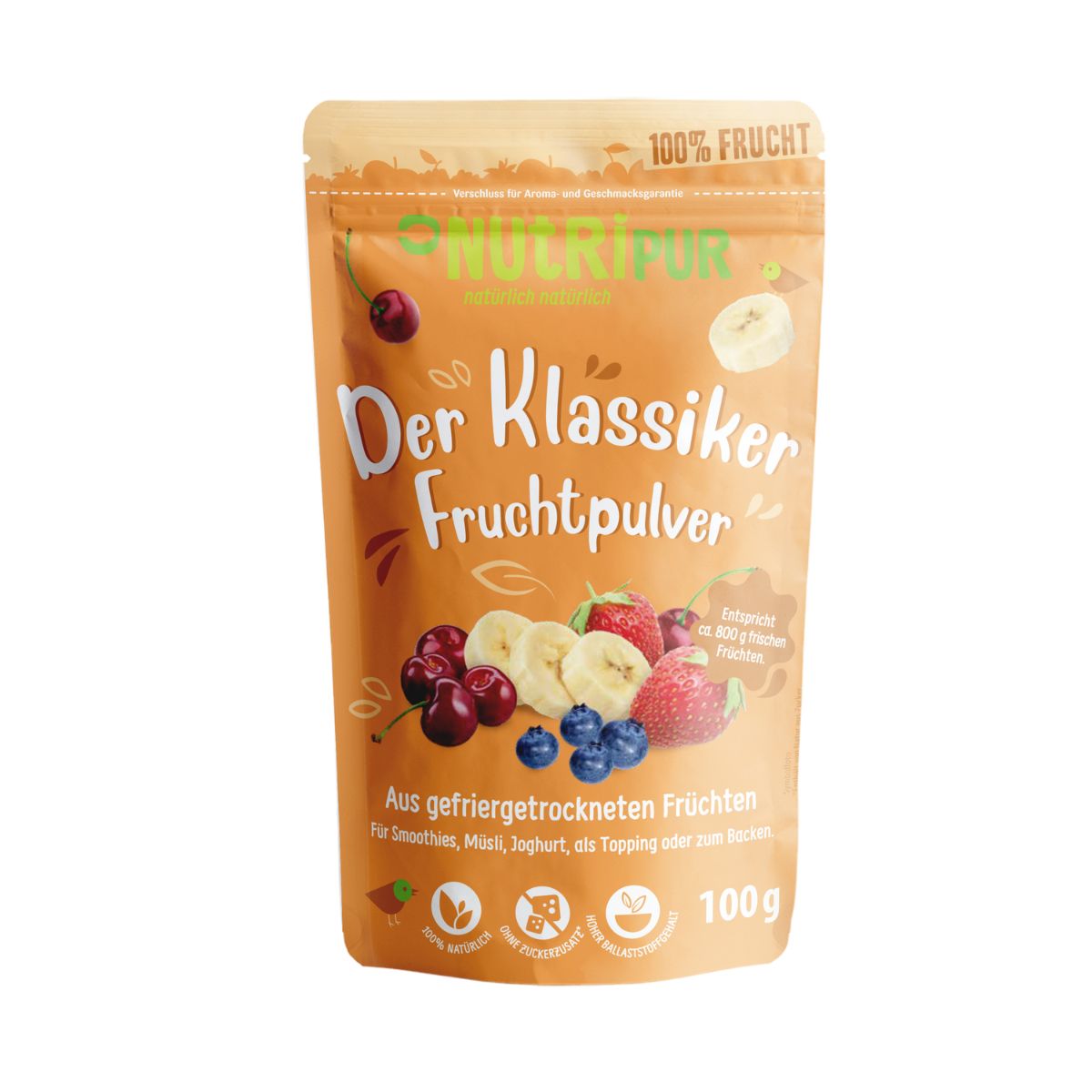 Beutel mit Fruchtpulver. Aufschrift: Der Klassiker Fruchtpulver. Abbildung von Früchten. 100% Frucht. 100g.