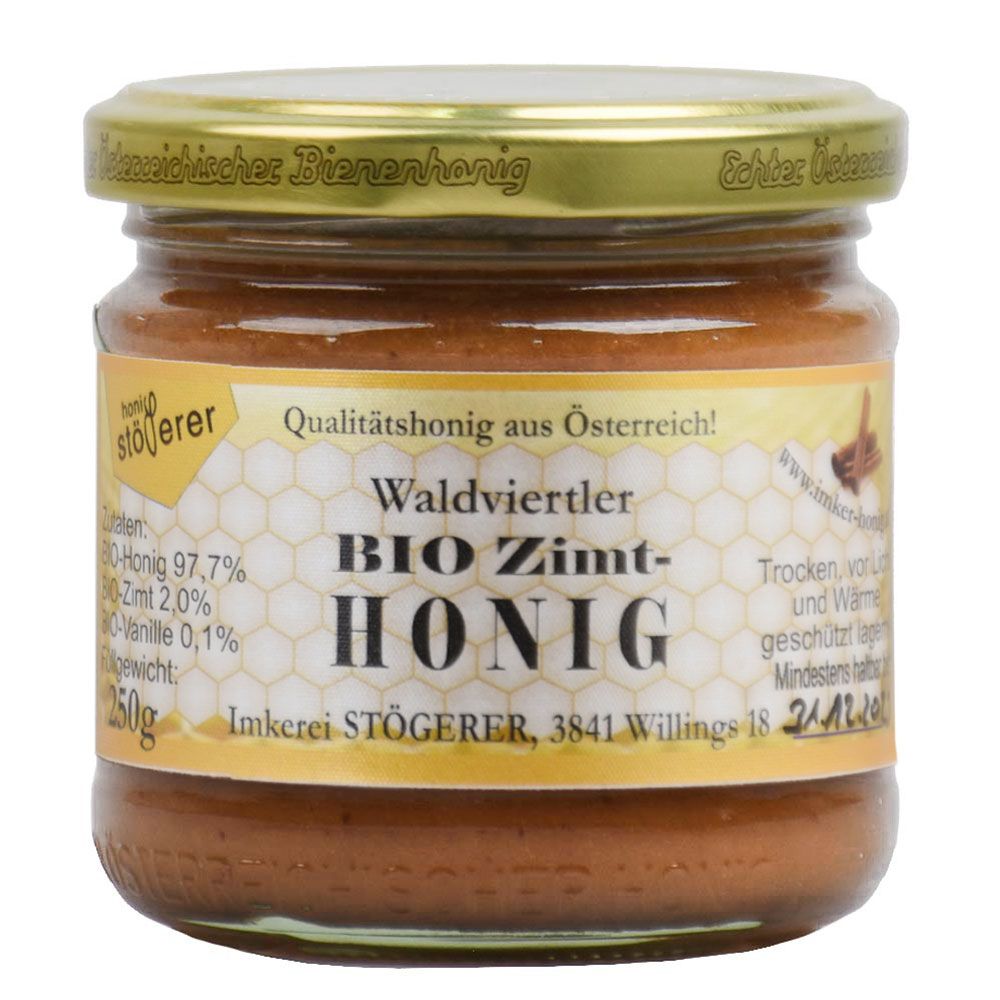 Glas Honig mit Zimt, 250g. Bio-Qualität aus Österreich von Imkerei Stögerer.