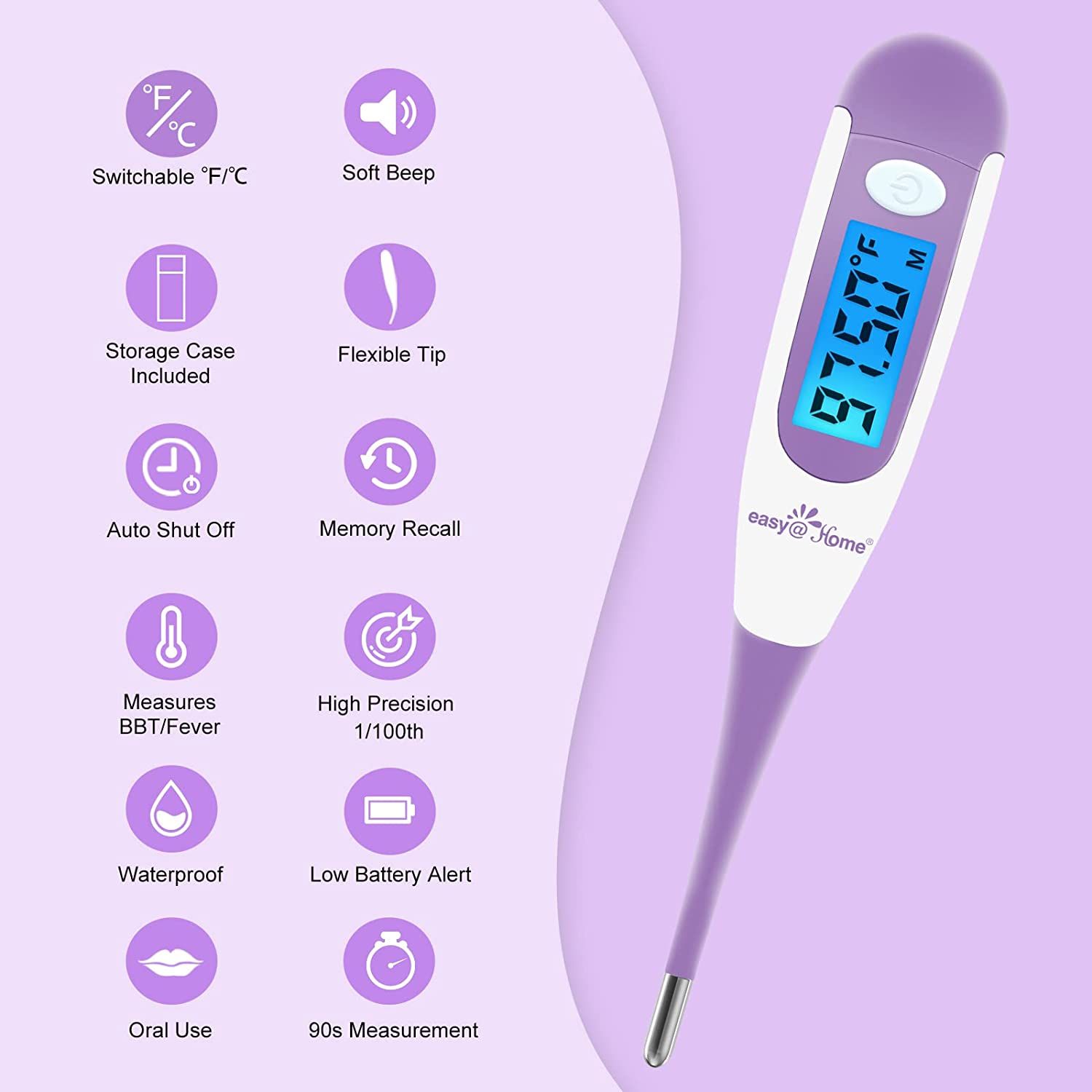 Digitales Thermometer mit lila Griff. Funktionen: °C/°F, Speicher, flexible Spitze, Abschaltautomatik, Messung in 90 Sekunden.