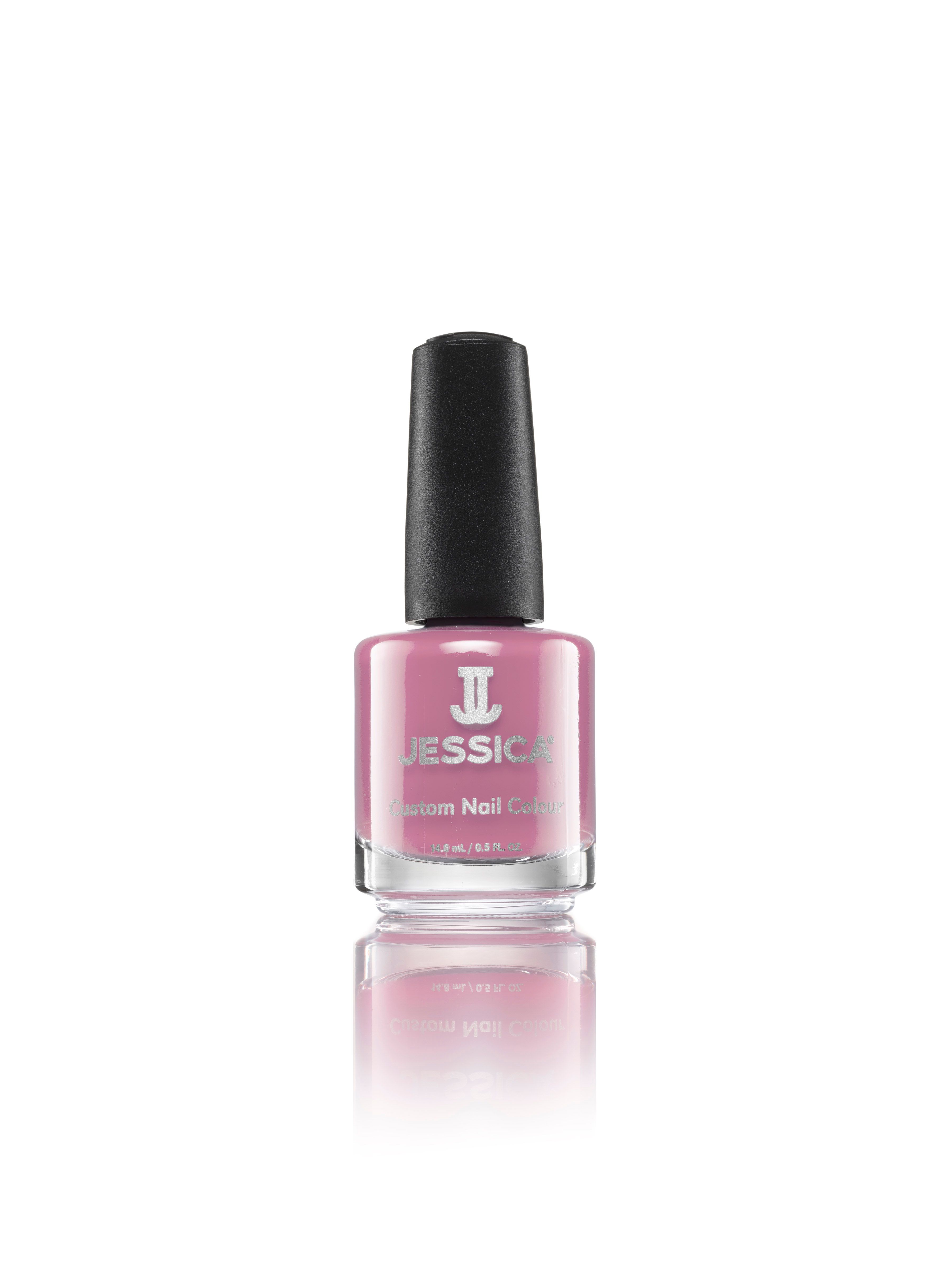 Rosa Nagellackflasche mit schwarzem Deckel. Aufschrift: JESSICA Custom Nail Colour.