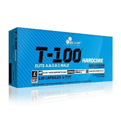 Blaue Verpackung mit Produktnamen T-100 Hardcore. Enthält 120 Kapseln. Marke Olimp. Text: Elite A.N.D.R.O Male.