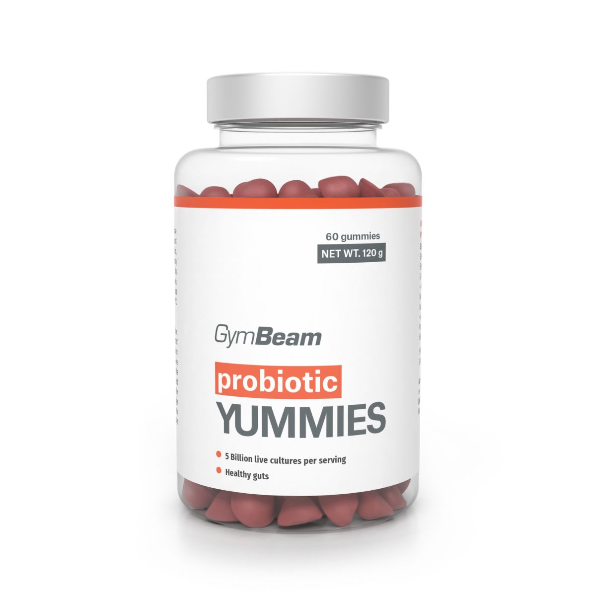GymBeam Probiotika Yummies Fruchtgummis in einem transparenten Behälter mit weißem Deckel. 60 Stück.