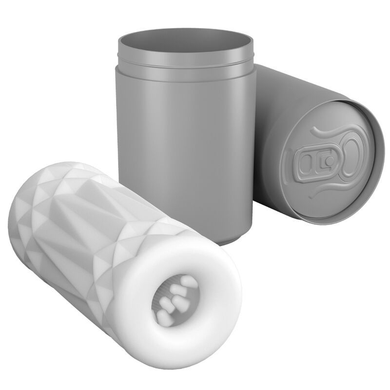 Weißes, zylindrisches Produkt mit geometrischer Oberfläche, neben Dose und Behälter. Geometrische Oberfläche.