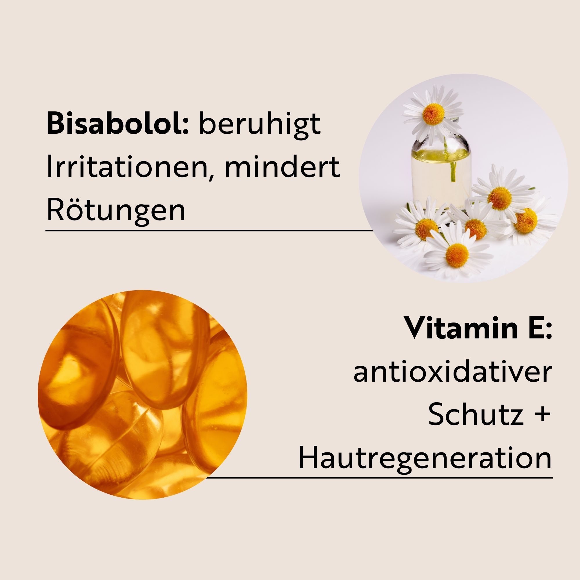 Text mit Inhaltsstoffen. Bisabolol: beruhigt. Vitamin E: antioxidativer Schutz. Abbildungen von Kamillenblüten und Kapseln.