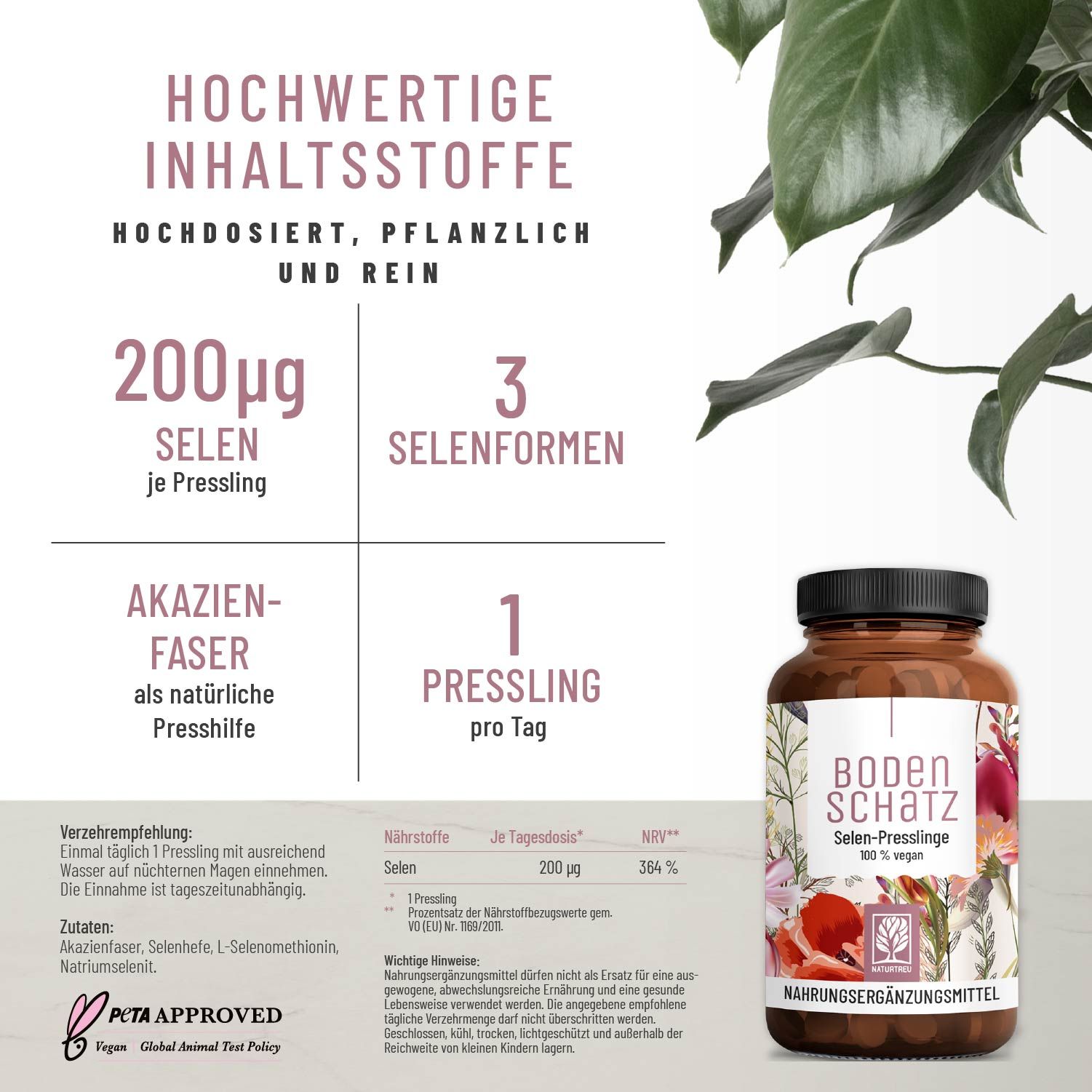 Infografik mit Informationen zu Selen-Presslingen. Enthält Angaben zu Dosierung, Inhaltsstoffen und Selenformen. Flasche mit Produkt.