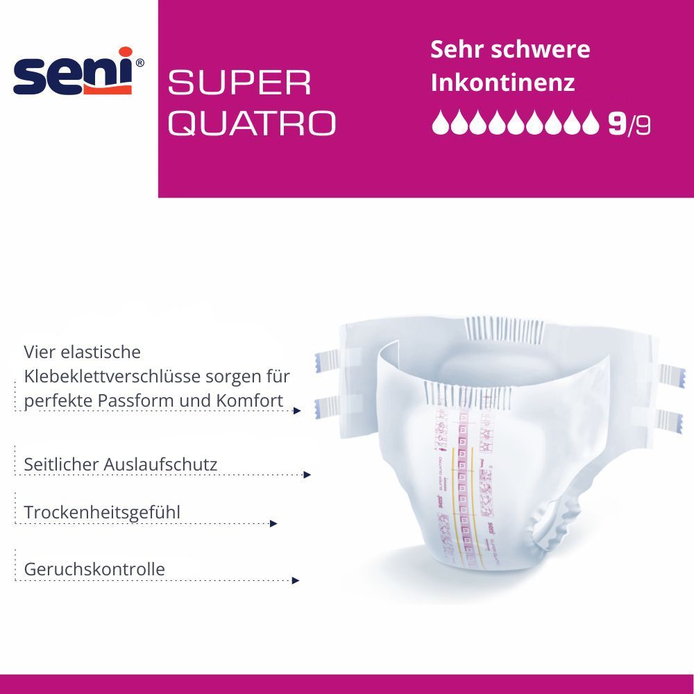 Seni Super Quatro Inkontinenz-Produkt. Weiß, mit vier elastischen Klettverschlüssen. Seitlicher Auslaufschutz, Trockenheitsgefühl, Geruchskontrolle.