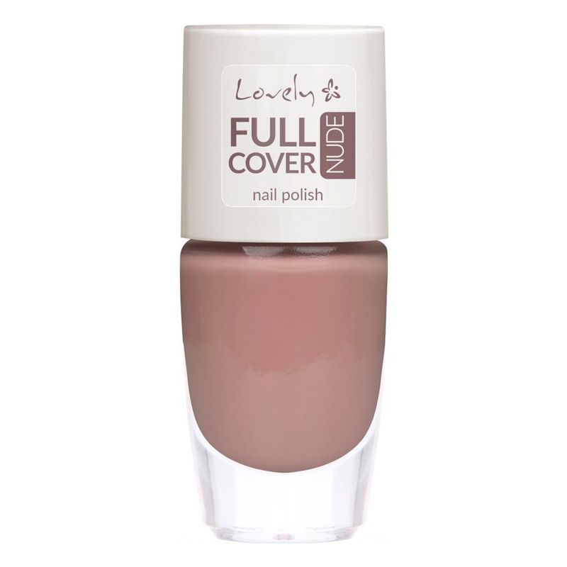 Nagellackflasche mit rosafarbenem Inhalt. Weißer Deckel mit Aufschrift: FULL COVER NUDE nail polish. Marke: Lovely.