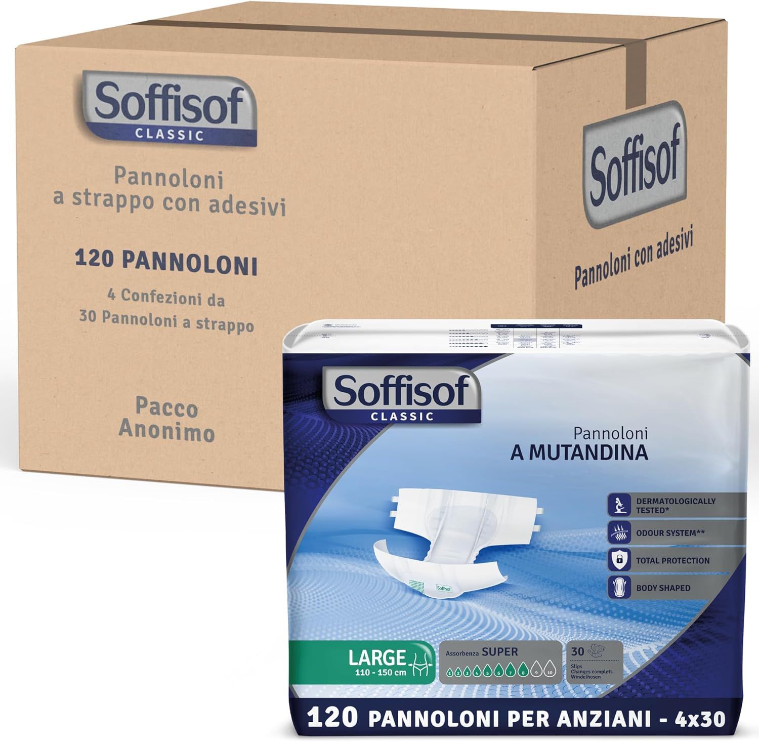 Soffisof Classic Windeln-Packung und Karton. 120 Stück. Mit Klebestreifen. Verpackung anonym.