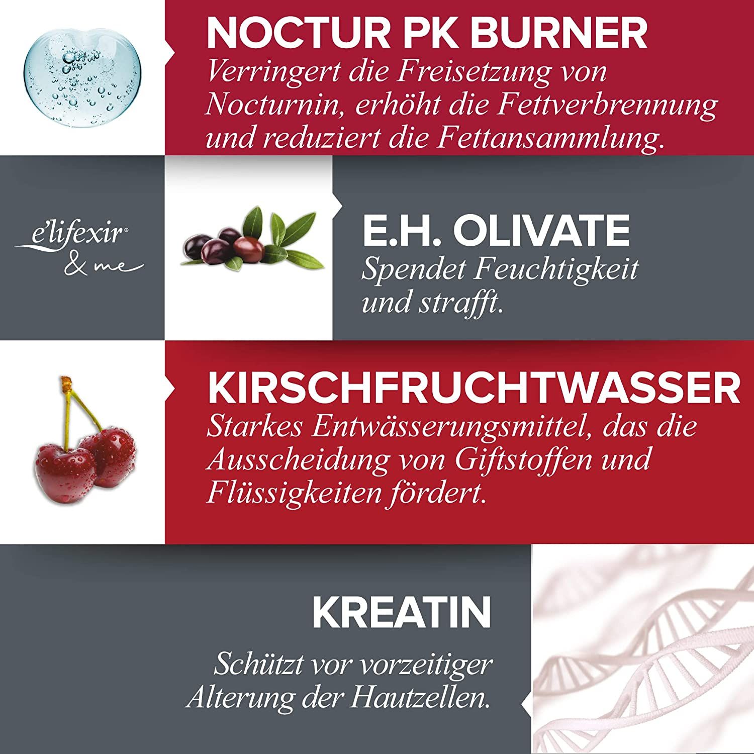 Grafische Darstellung von Inhaltsstoffen. Text: Noctur PK Burner, E.H. Olivate, Kirschfruchtwasser, Kreatin. Logos: Elifexir & me.