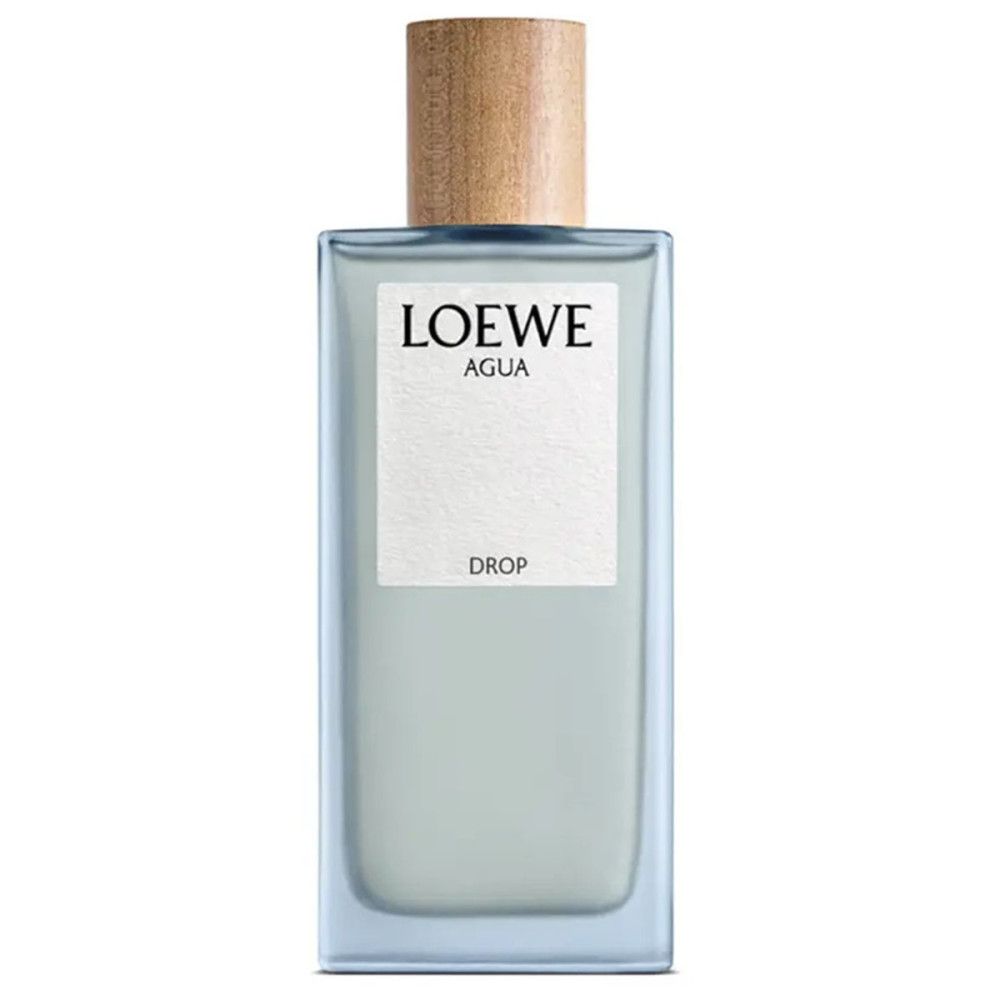 Rechteckiger Flakon mit Holzverschluss. Aufschrift: LOEWE AGUA DROP. Hellblaue Flüssigkeit sichtbar.