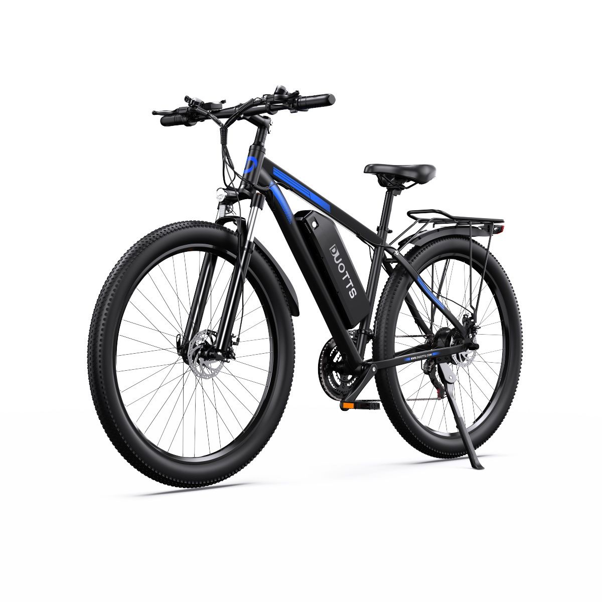 Schwarzes E-Bike mit blauen Akzenten. DUOTTS-Logo auf dem Rahmen. Große Reifen, Scheibenbremsen. Ständer.