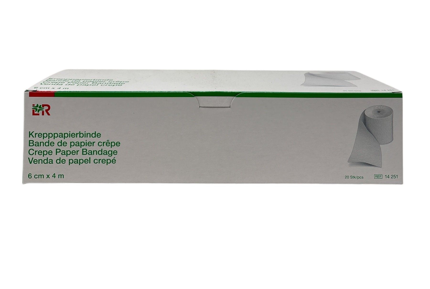 Weisse Kartonverpackung mit grünen Akzenten. Aufschrift: Krepppapierbinde, 6 cm x 4 m. Abbildung einer Rolle. Marke LR.