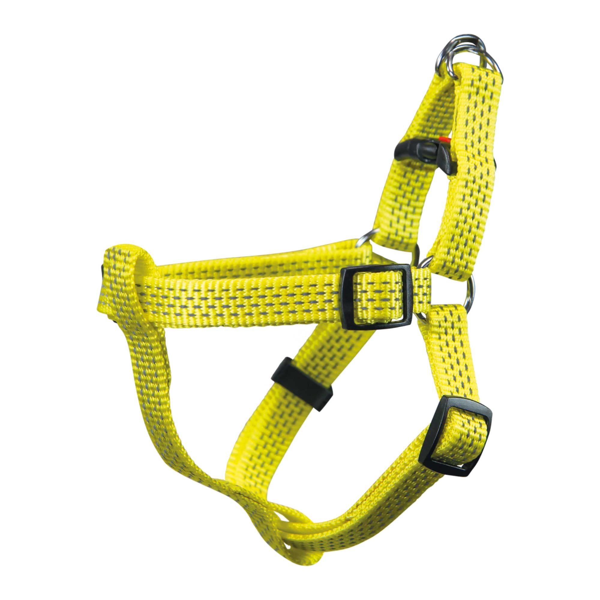 Gelbes Hundegeschirr aus Nylon mit schwarzen Schnallen und Metallringen. Reflektierende Elemente sind sichtbar.