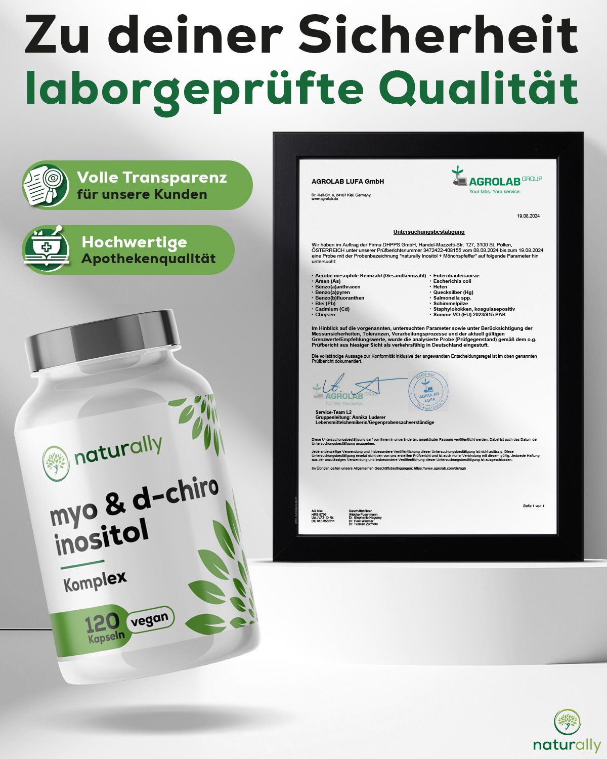 Flasche und Zertifikat. Text: Zu deiner Sicherheit, laborgeprüfte Qualität. Volle Transparenz, hochwertige Apothekenqualität.