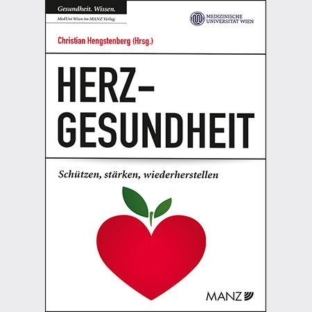 Buchcover mit Titel HERZ-GESUNDHEIT. Rotes Herz mit Blättern. Autor: Christian Hengstenberg. Verlag MANZ. Logo Medizinische Universität Wien.