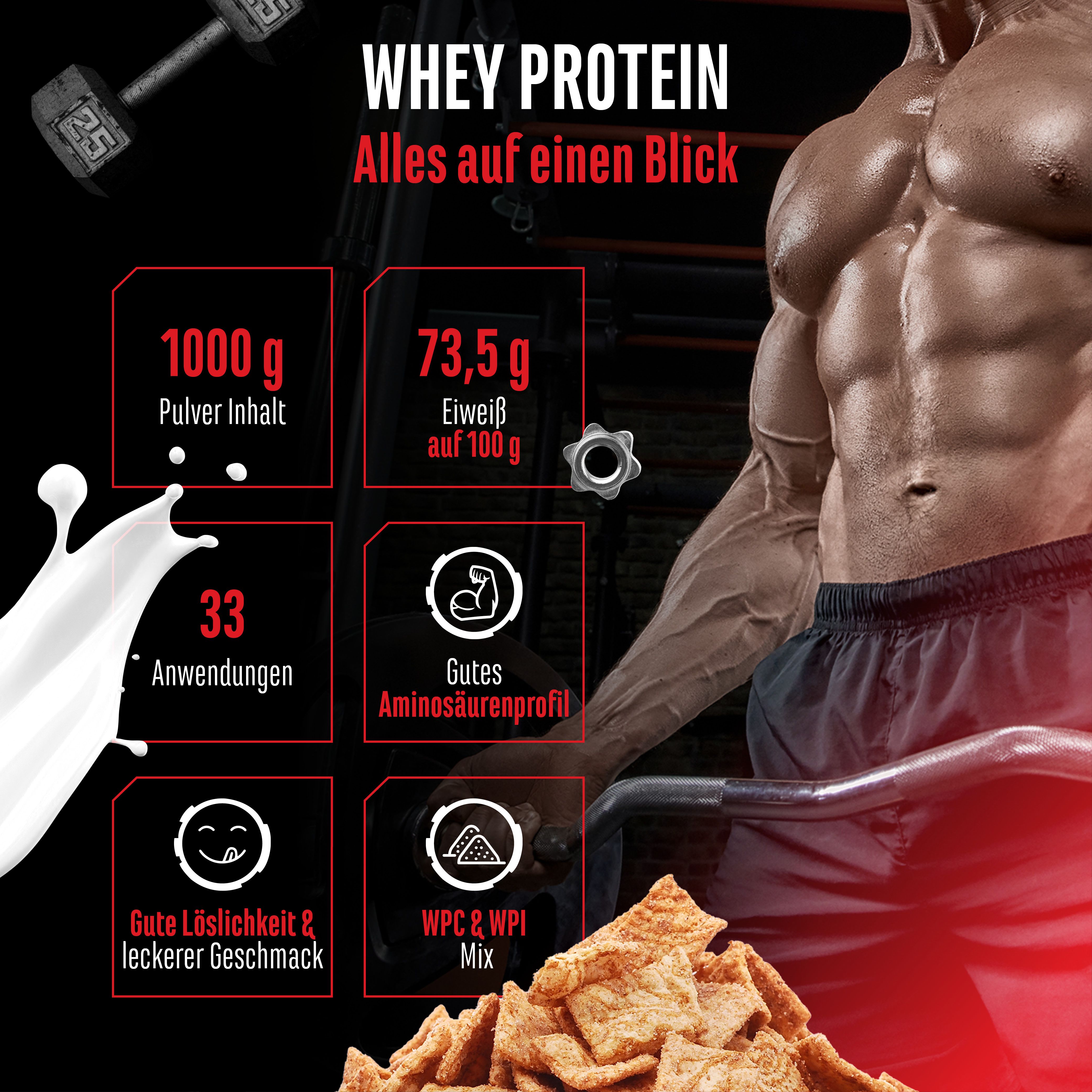Werbebild mit muskulösem Mann. Text: Whey Protein, 1000g Pulver, 73,5g Eiweiß, 33 Anwendungen, gutes Aminosäurenprofil, gute Löslichkeit, WPC/WPI Mix.
