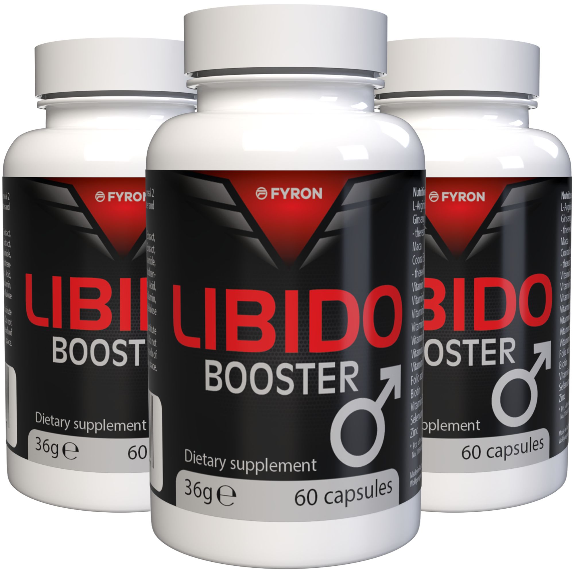 Drei Flaschen Libido Booster, Nahrungsergänzungsmittel, 60 Kapseln pro Flasche.