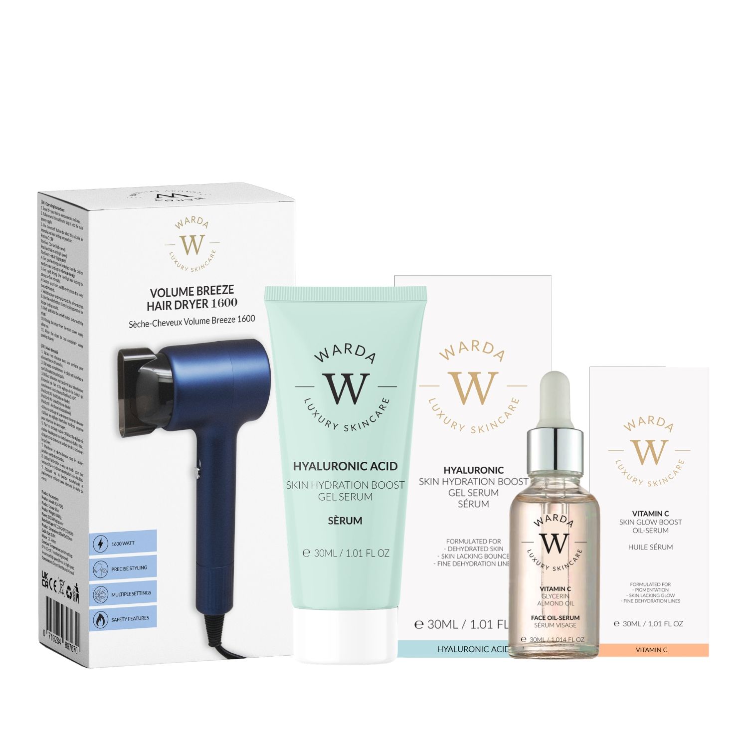 Haartrockner, Serum und Öl-Serum-Set. Verpackung mit Produktnamen. Türkisfarbenes Serum, Glasflasche mit Pipette, Haartrockner.
