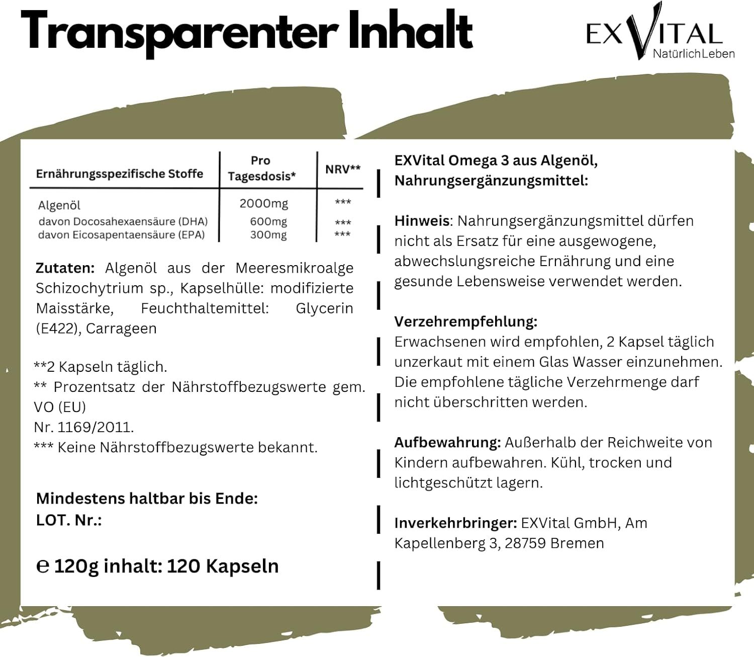 Infografik: Nährwerttabelle, Verzehrempfehlung, Hinweise zur Aufbewahrung. Mindestens haltbar bis Ende. 120 Kapseln.