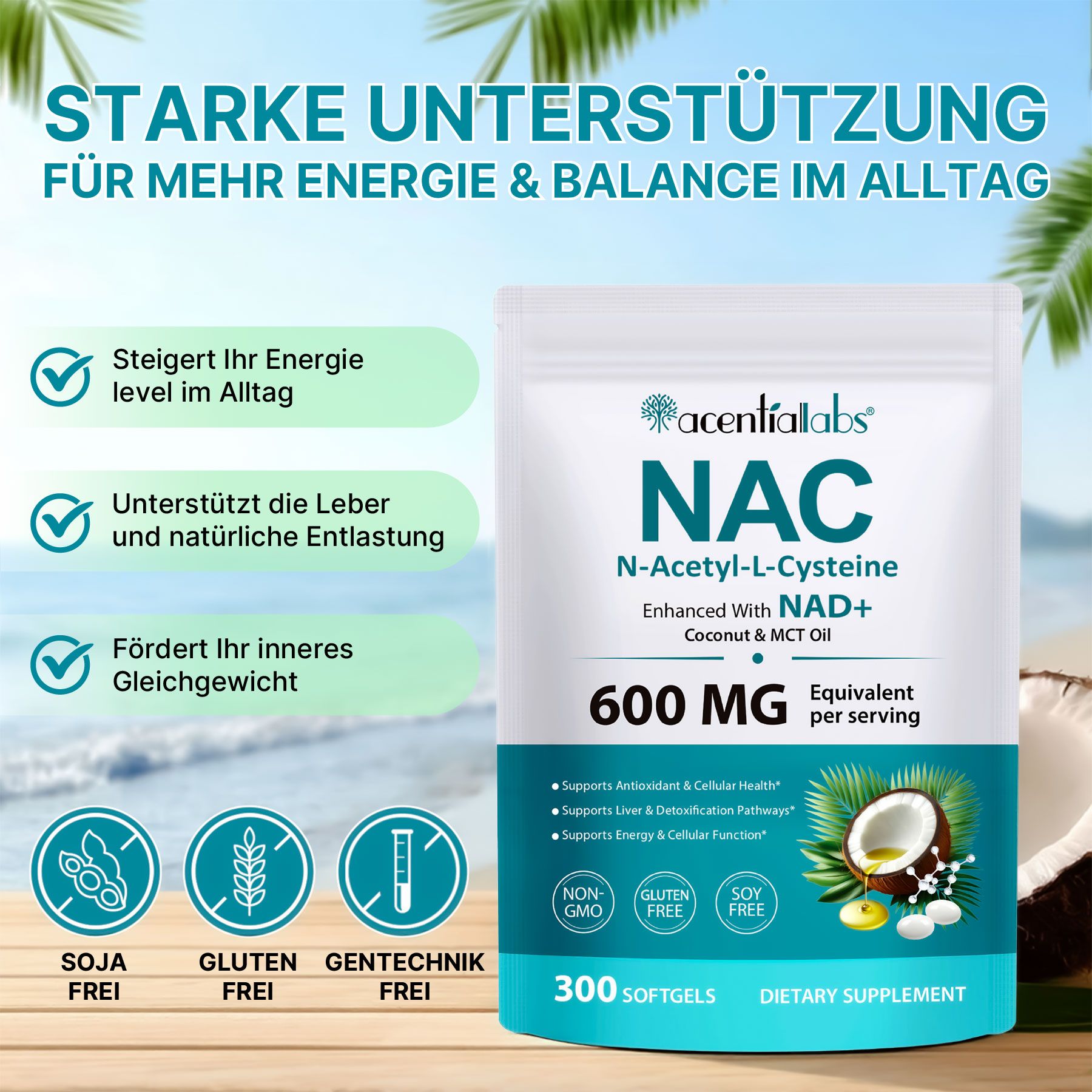 Acentiallabs NAC N-Acetyl L-Cysteine Aminosäure Softgels Hochdosiert Immunsystem