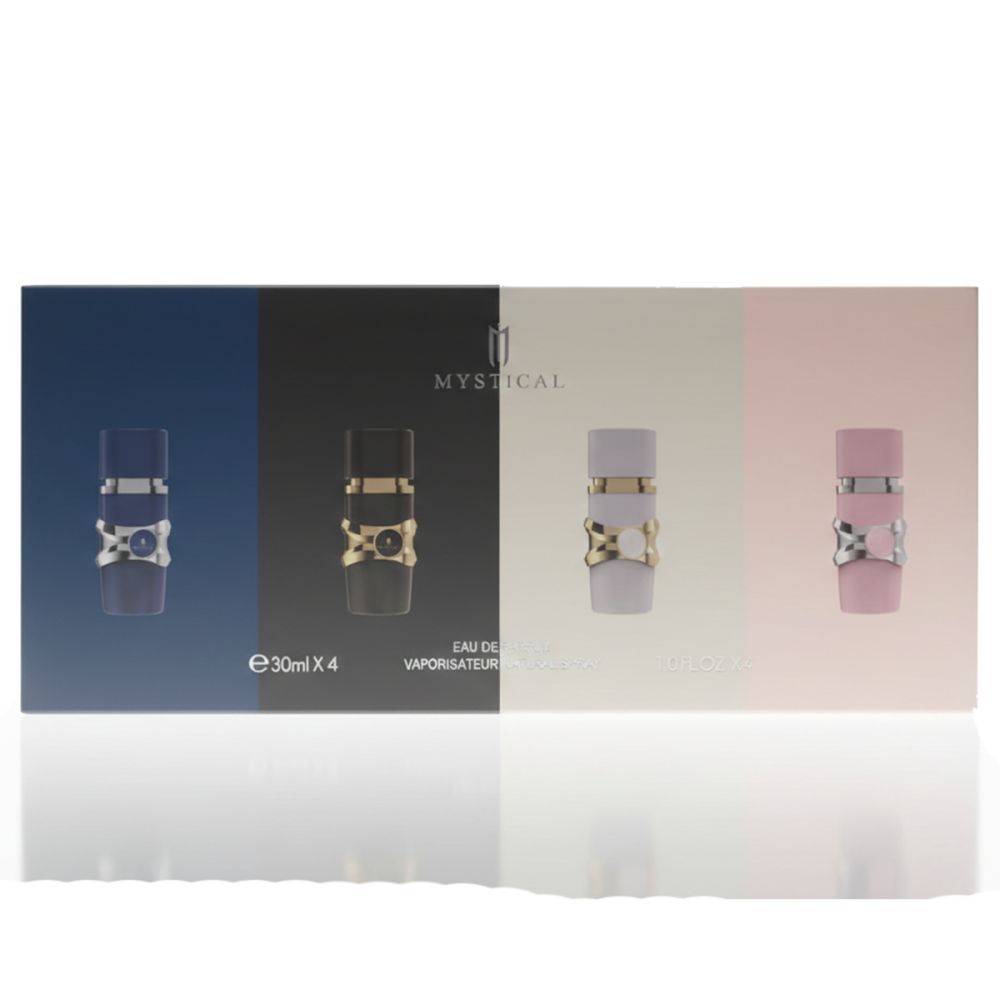 Parfüm-Set mit vier Flakons. Blaue, schwarze, weiße und rosa Flakons mit goldenen und silbernen Verzierungen. Aufschrift: Mystical.