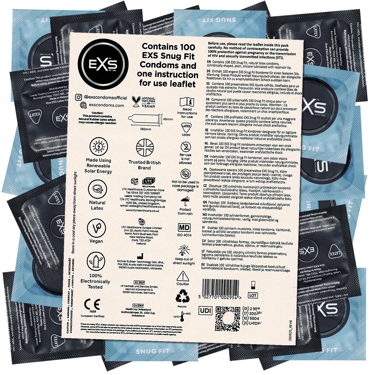 Mehrere Kondom-Einzelverpackungen mit einem Informationsblatt. Aufschrift: Contains 100 EXS Snug Fit Condoms and one instruction for use leaflet.