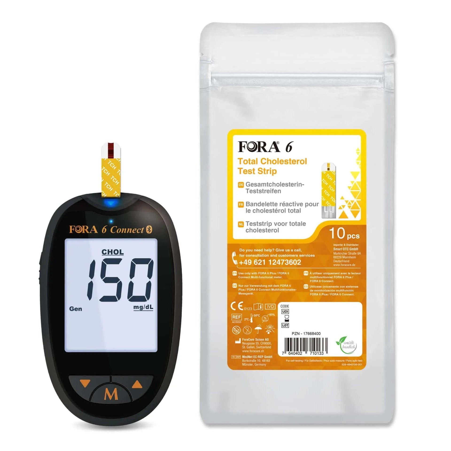 Cholesterinmessgerät mit Teststreifenpackung. Anzeige 150 mg/dL.