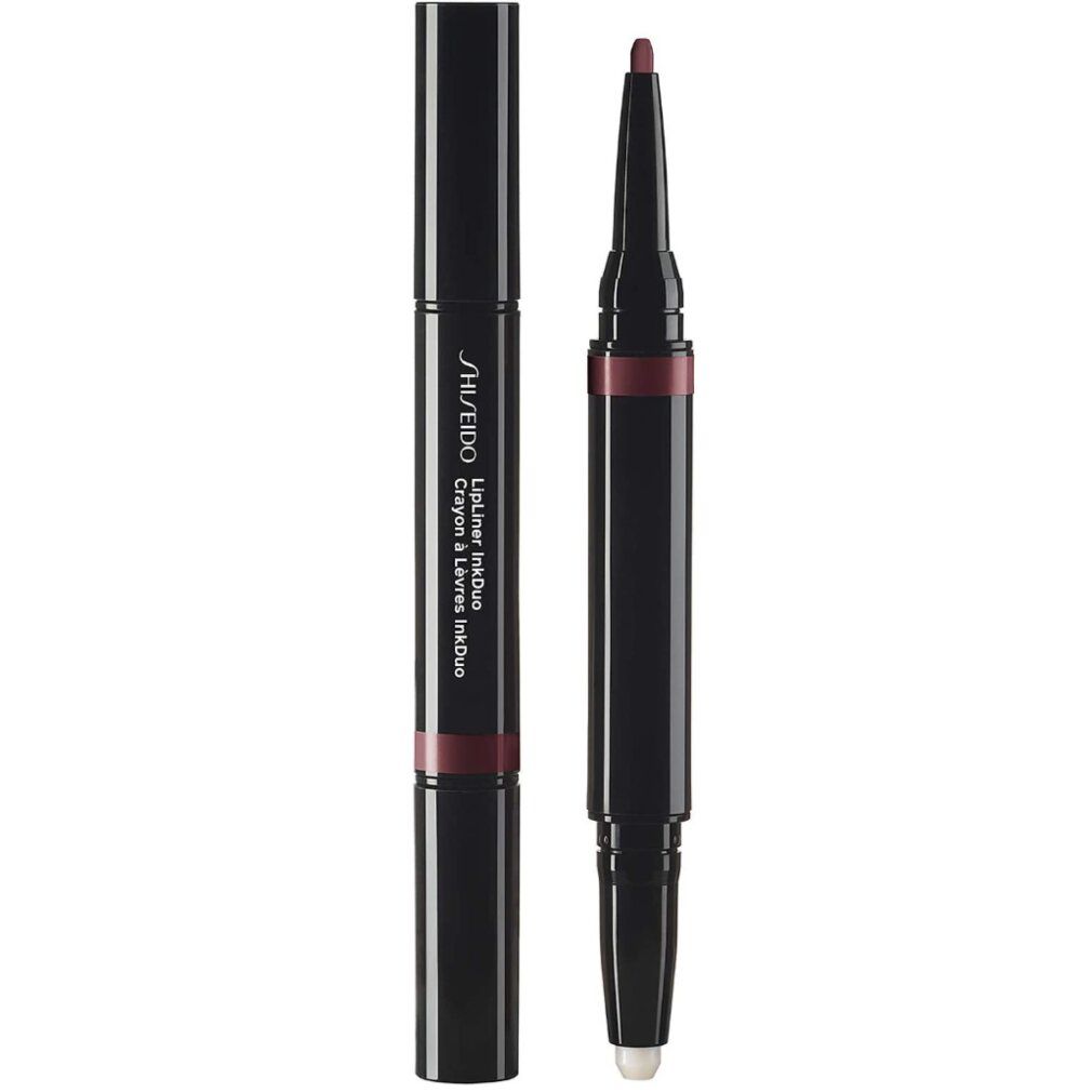 Doppelstift mit schwarzem Gehäuse. Ein Ende ist geschlossen, das andere zeigt eine plumfarbene Spitze und einen weißen Applikator. Shiseido-Logo.