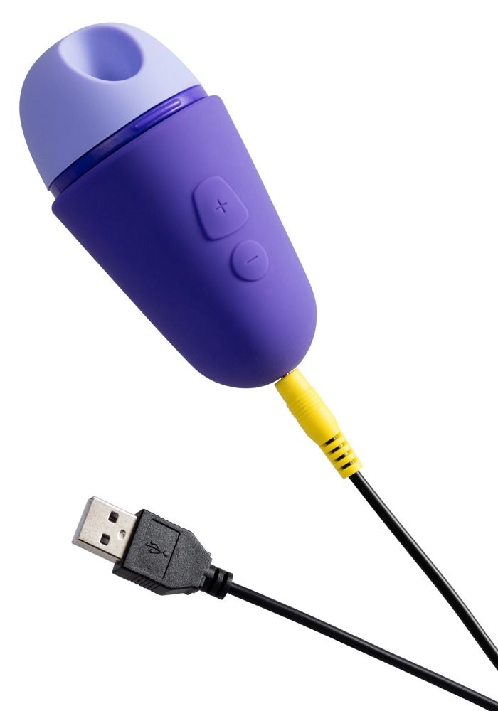 Lila Vibrator mit USB-Kabel. Zwei Knöpfe. Hellblauer Kopf. Gelbes Kabelende.