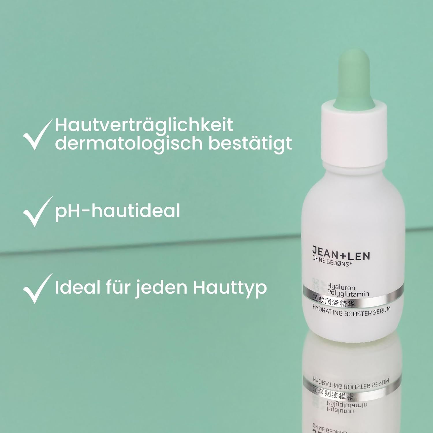 Weiße Flasche mit Serum. Text: Hautverträglichkeit dermatologisch bestätigt, pH-hautideal, Ideal für jeden Hauttyp. Marke: Jean & Len.