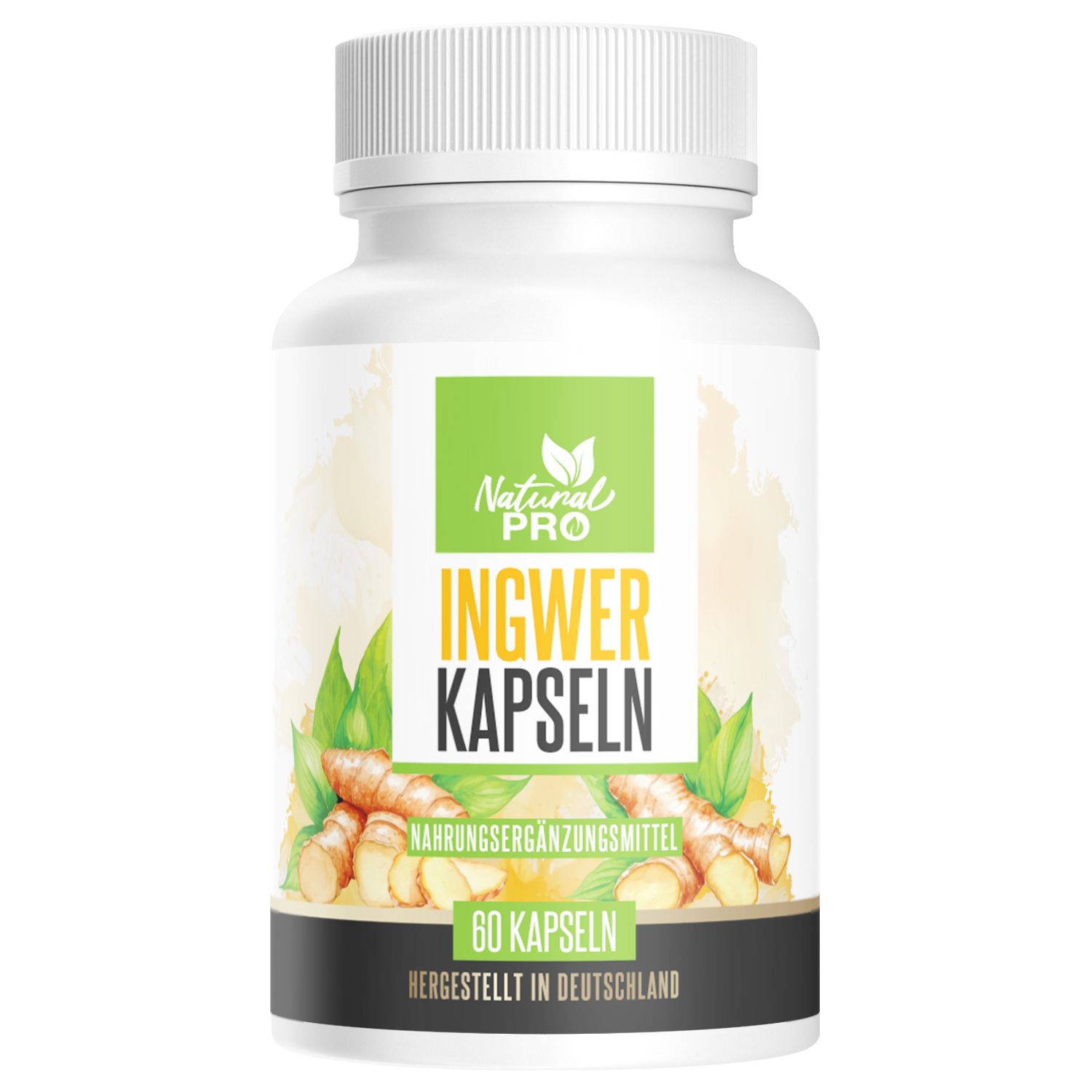 Flasche mit 60 Ingwer Kapseln von Natural Pro, mit Abbildung von Ingwerwurzeln.