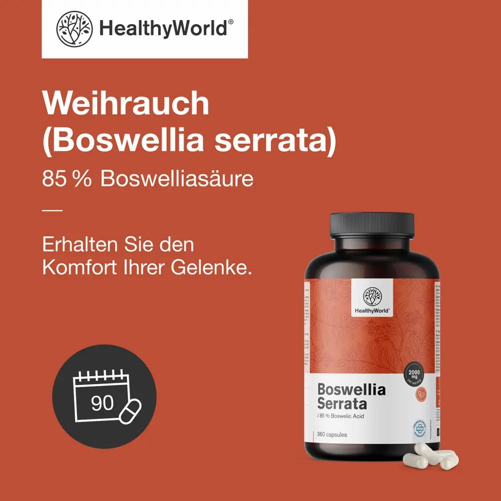 HealthyWorld Boswellia Serrata Kapseln, 85% Boswelliasäure. 90 Kapseln.