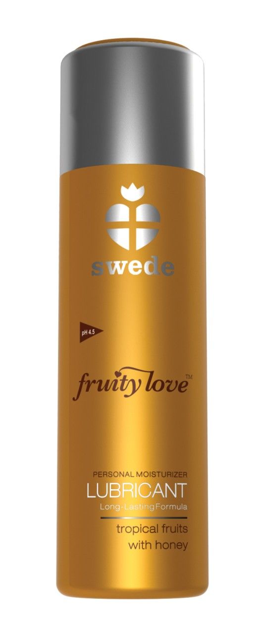 Zylindrische Flasche mit silbernem Deckel. Aufschrift: Swede, fruity love, Lube. Tropische Früchte mit Honig. pH 4.5.