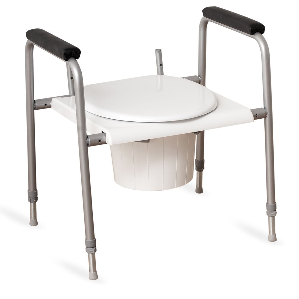 Toilettenstützgestell XXL COMFORT. Weißer Sitz, Armlehnen, Eimer. Höhenverstellbare Beine. Metallrahmen.