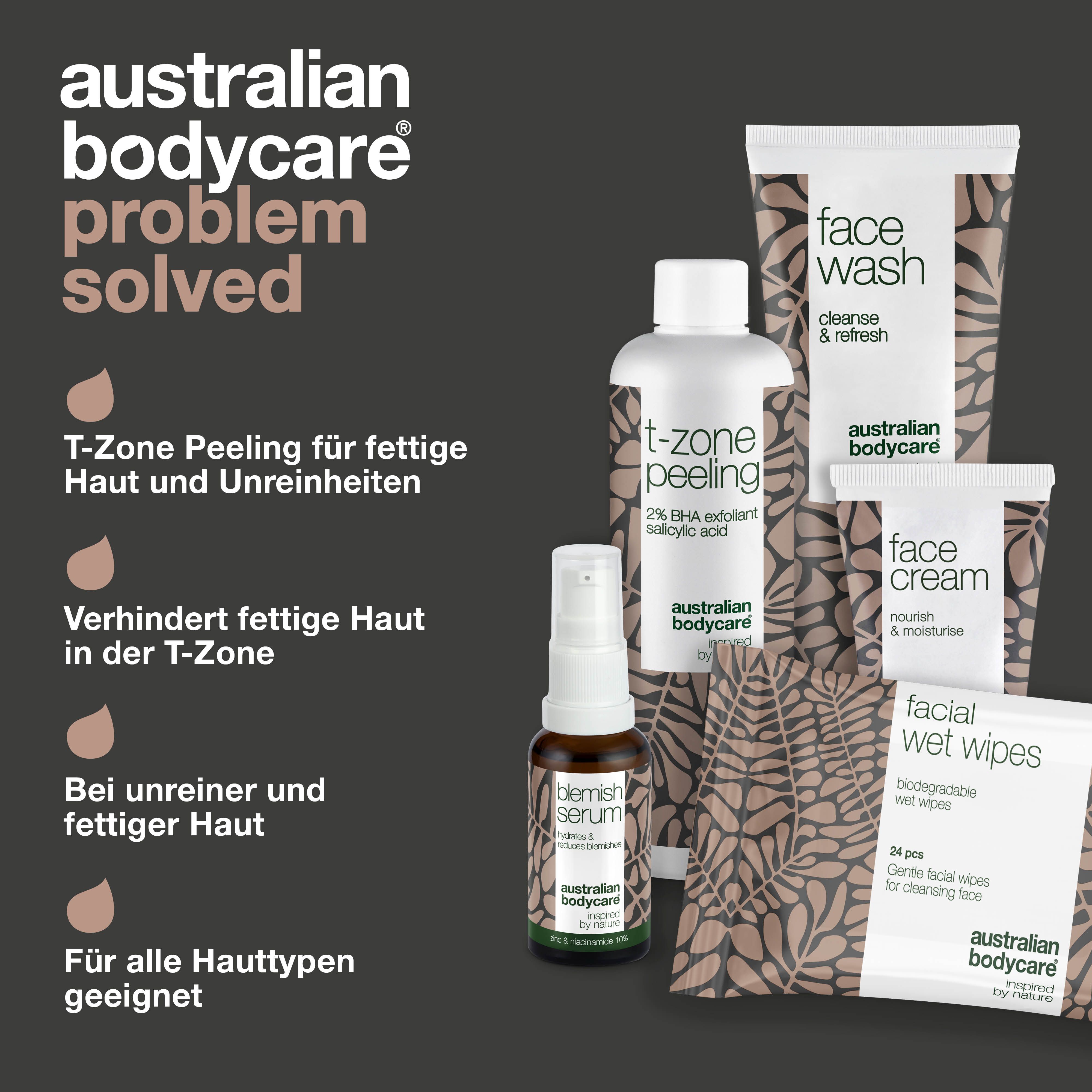 Produktset für die T-Zone. Enthält Gesichtsreiniger, Peeling, Serum, Creme und Reinigungstücher.