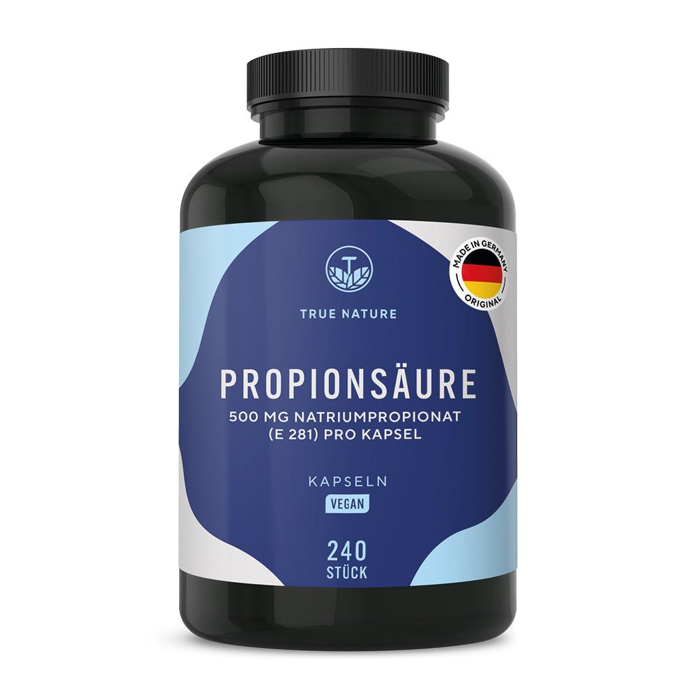 TRUE NATURE Propionsäure Kapseln: Schwarze Dose mit blau-weißem Etikett, 240 Stück, vegan.