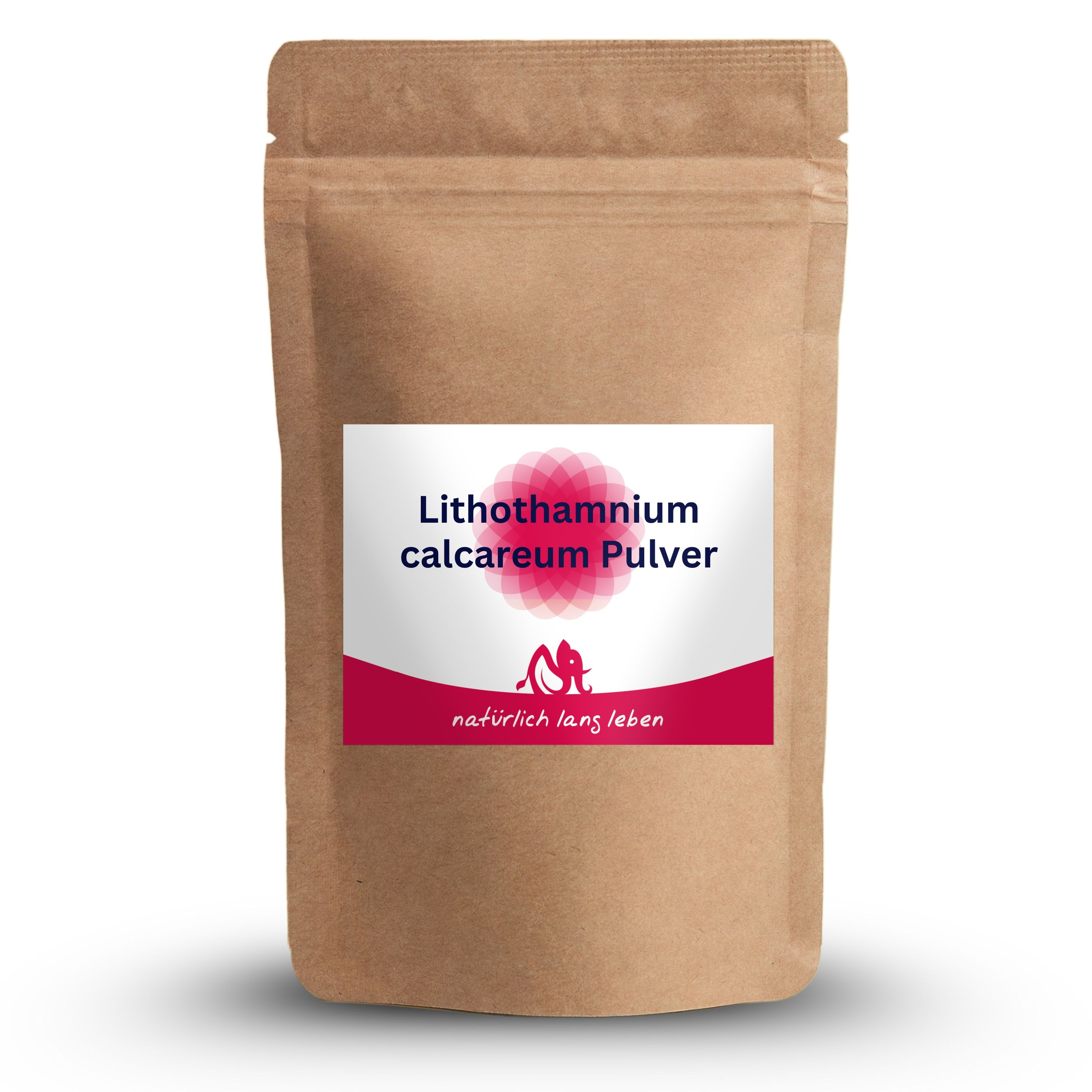 Lithothamnium calcareum Pulver in brauner Beuteltasche. Etikett mit Produktname und Logo.