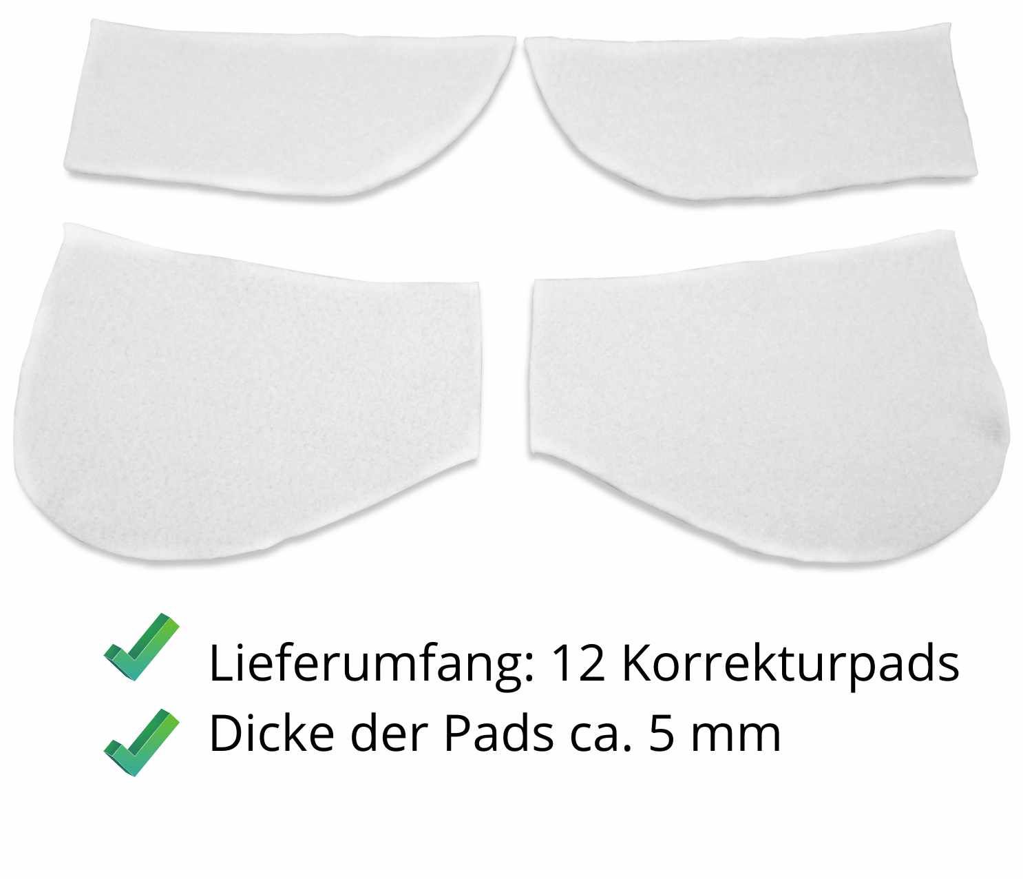 Vier weisse Korrekturpads. Text: Lieferumfang: 12 Korrekturpads. Dicke der Pads ca. 5 mm.