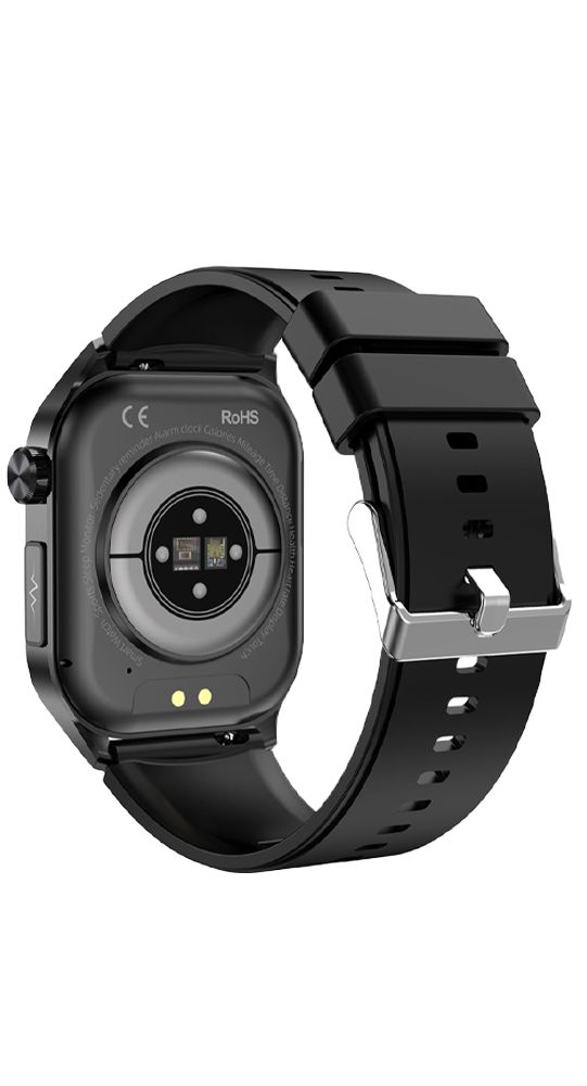 Rückseite einer schwarzen Smartwatch mit Herzfrequenzsensor, CE- und RoHS-Kennzeichnung.