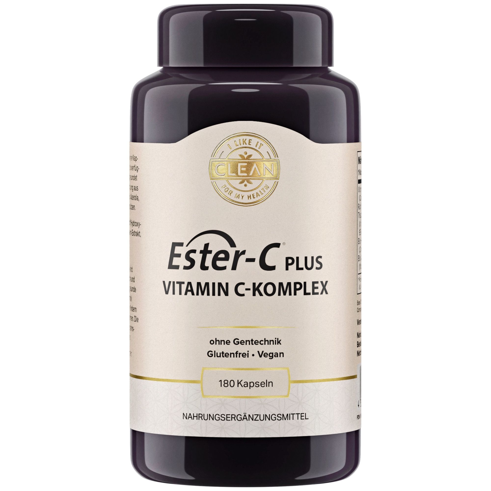 Dunkle Flasche mit Ester-C Plus Kapseln. Aufschrift: Vitamin C-Komplex, 180 Kapseln. Zusätzliche Informationen: glutenfrei, vegan.