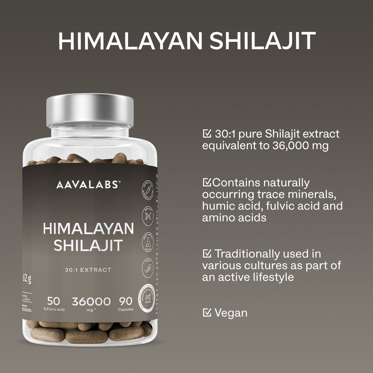 Kapsel-Flasche mit Text: AAVALABS, Himalaya Shilajit, 30:1 Extrakt. Enthält 36.000 mg Extrakt, vegan.
