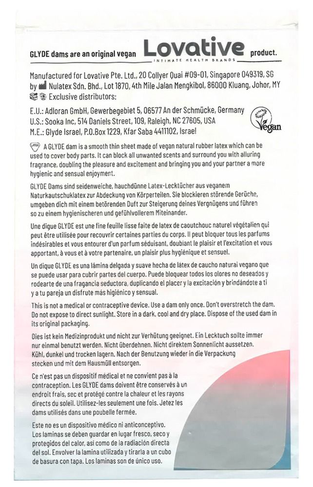 Text auf weißem Hintergrund. Informationen zu GLYDE DAMS, Inhaltsstoffen, Hersteller, und Gebrauchsanweisung.