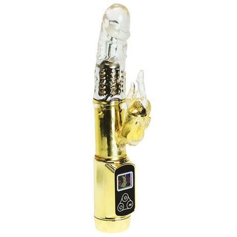 Goldfarbener Vibrator mit transparentem Kopf und Hasenohren. Mit Bedienfeld und Display.