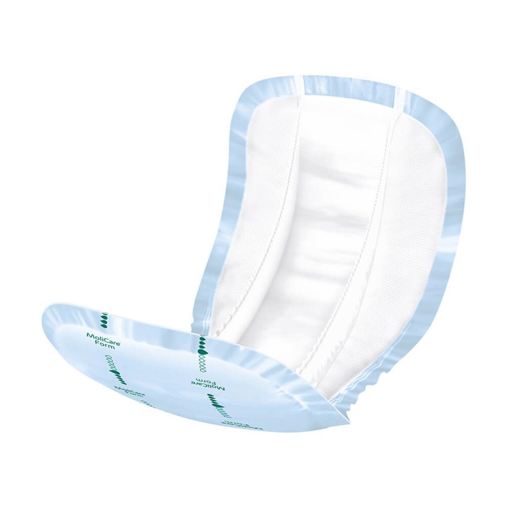 MoliCare Form Einlage. Weiße Einlage mit blauen Rändern. Produktbezeichnung und Logo auf der Oberfläche.