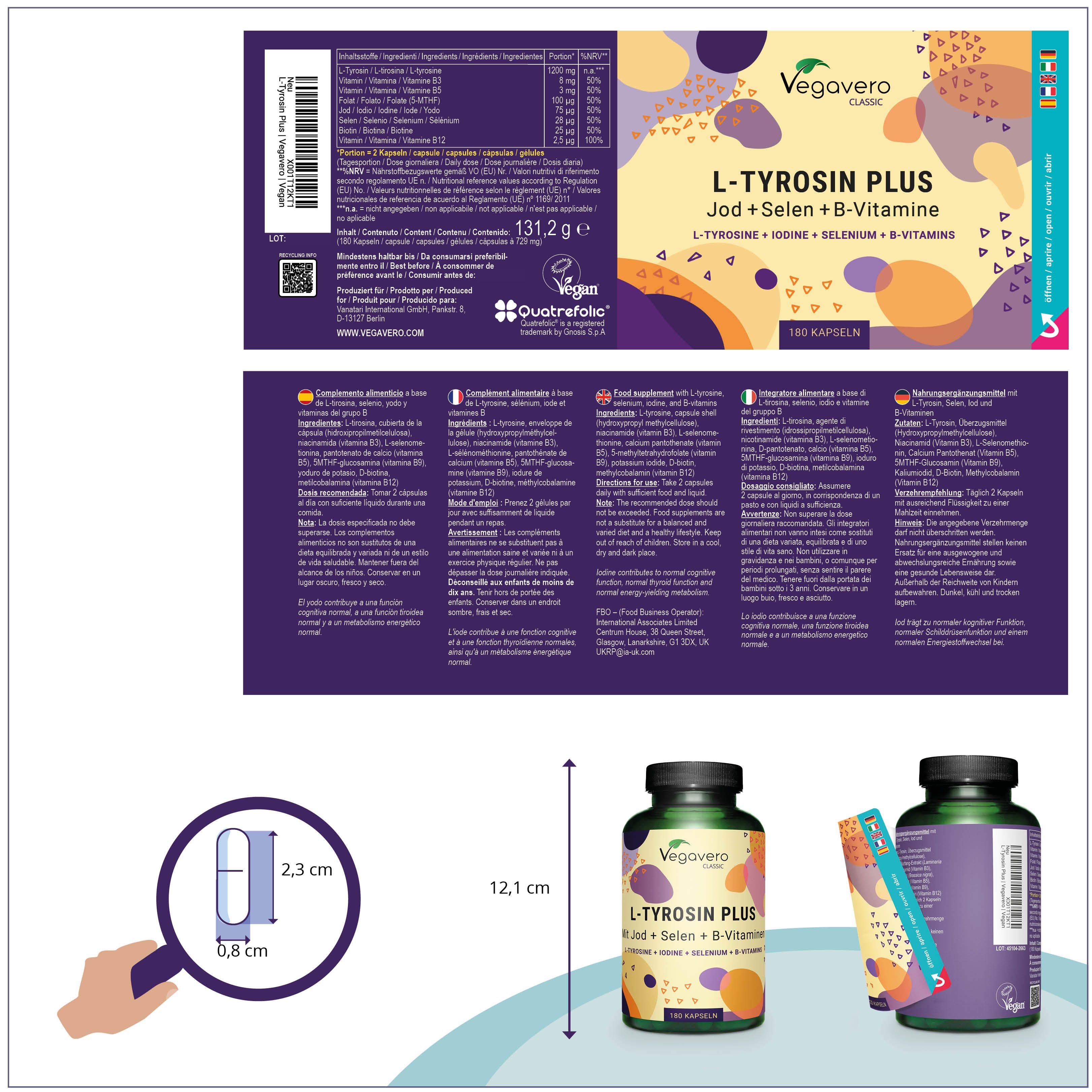 Produktverpackung mit Flasche und Beipackzettel. Flasche: L-Tyrosin Plus, Vegavaro Classic. Beipackzettel: Inhaltsstoffe, Nährwerte, Gebrauchsanweisung.
