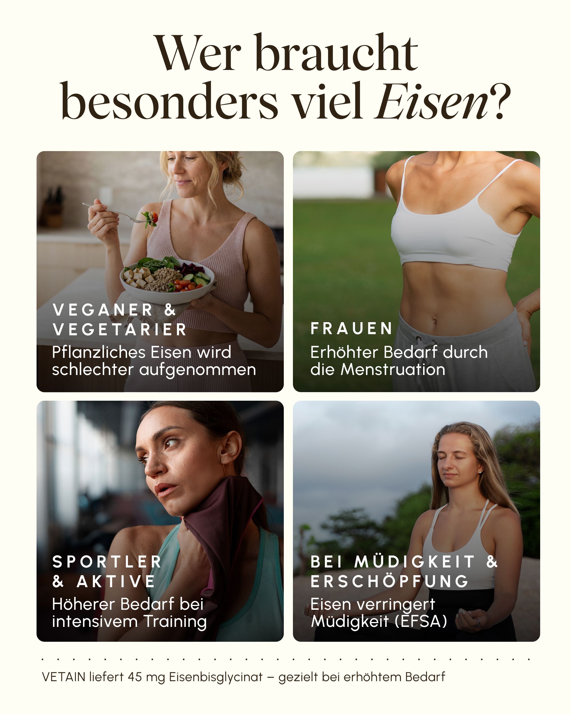 Vier Szenarien: Veganer, Frauen, Sportler, Müdigkeit. "Wer braucht besonders viel Eisen?"