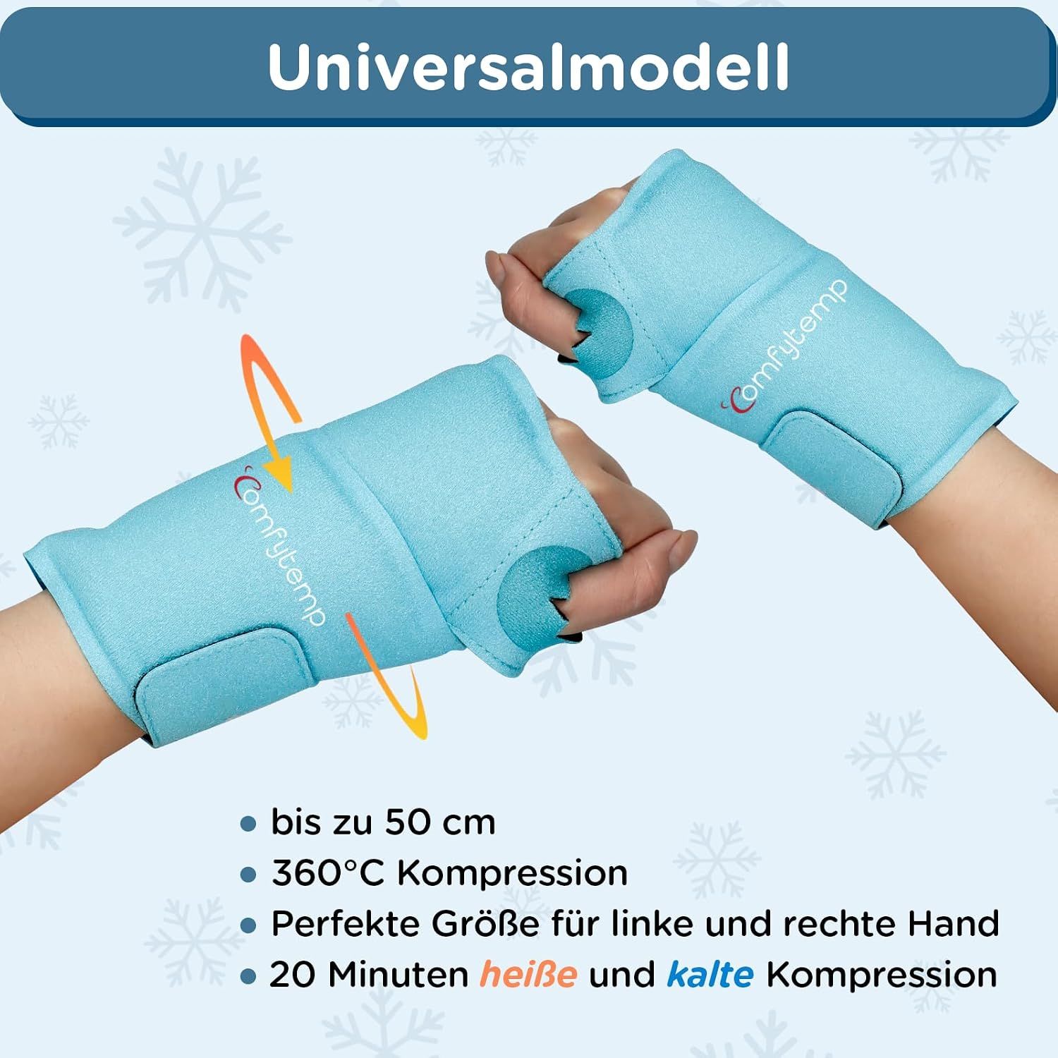 Zwei blaue Handgelenkbandagen mit Klettverschluss und Fingerausschnitten.