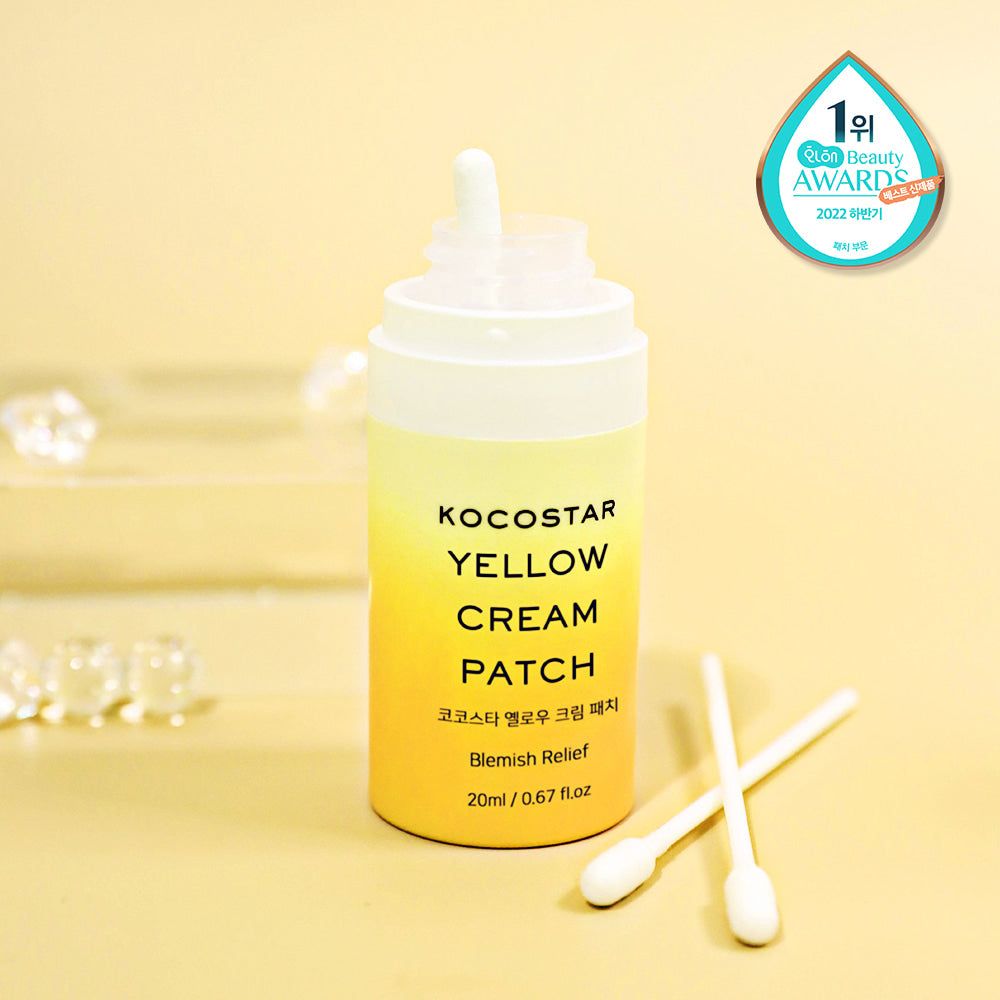 KOCOSTAR Yellow Cream Patch, Tube und Wattestäbchen. Aufschrift: Blemish Relief, 20ml/0.67 fl.oz. Auszeichnung.